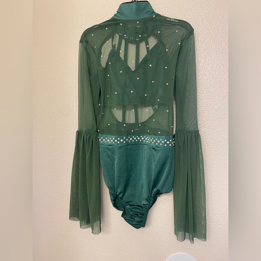 Kelle Dance costume solo green mesh leotard rhinestoned MA-Medium adult - Picture 3 of 9